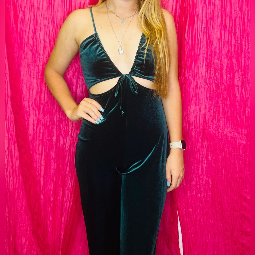 Emerald Green Velvet Cutout Jumpsuit